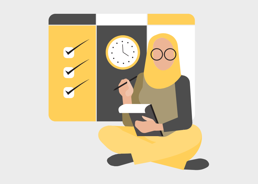 woman sitting in front of a checklist with a clock