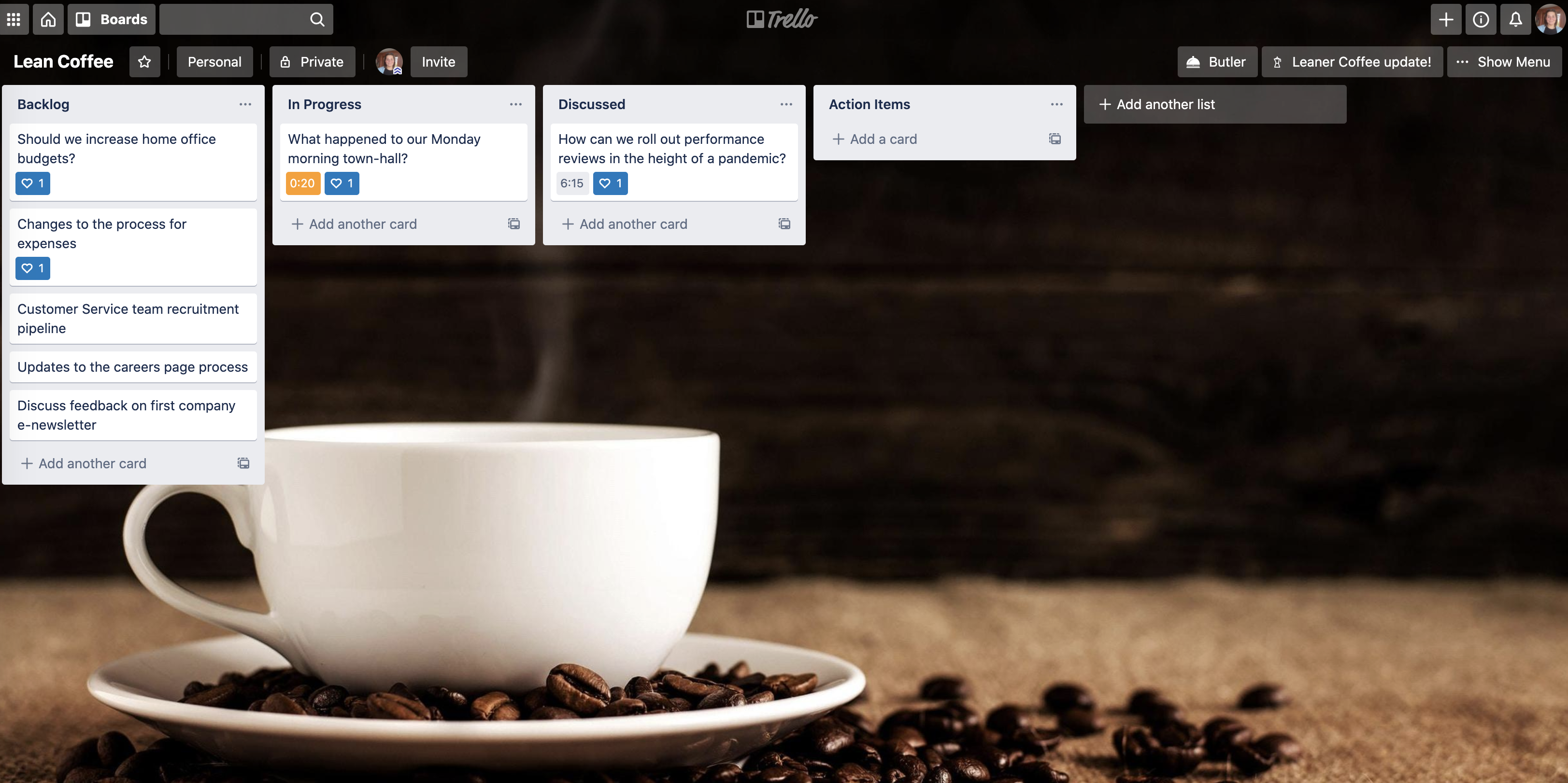 trello lean coffee board