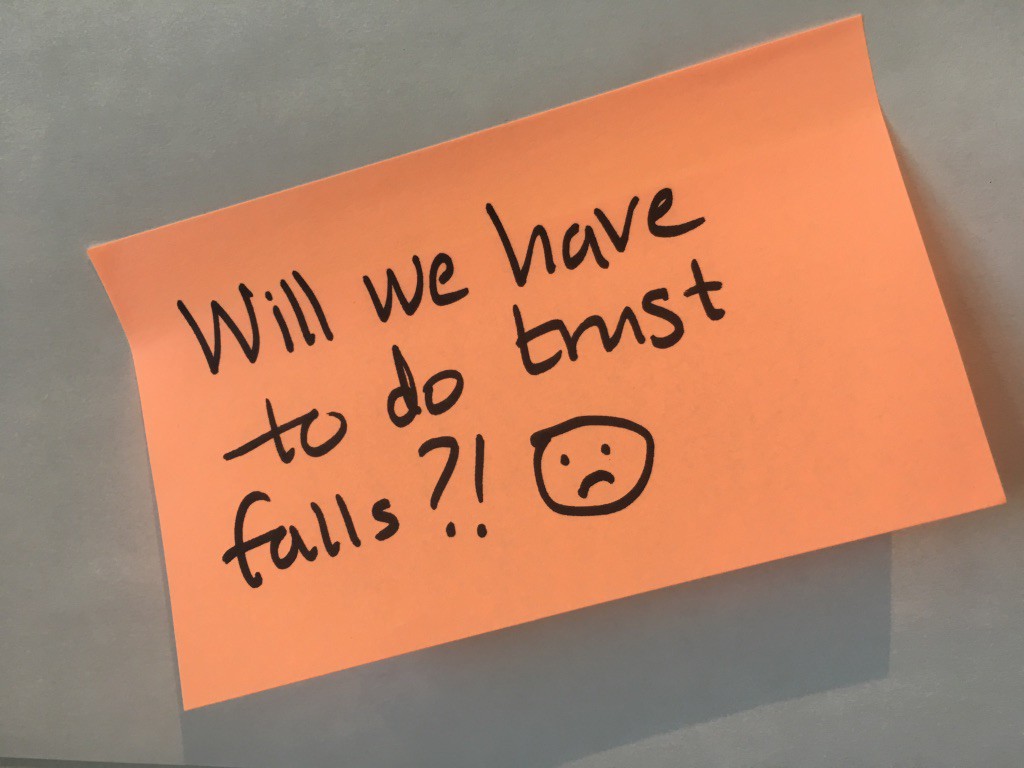 sticky note with question about trust falls