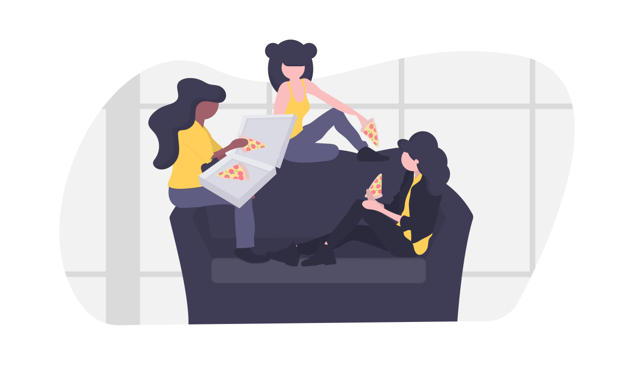 people eating pizza on sofa