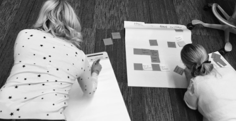 people on the floor using sticky notes and flipchart pads