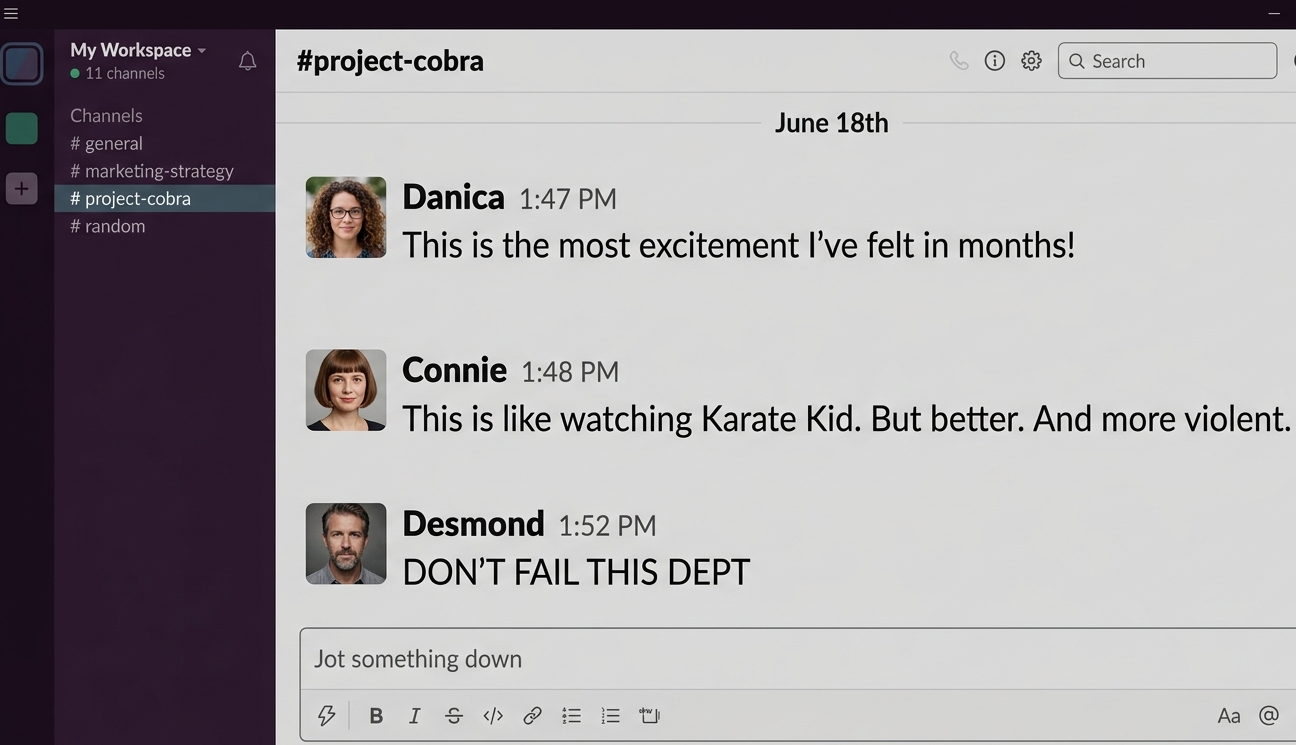 Slack conversations were vivid like this (photos replaced for privacy).
